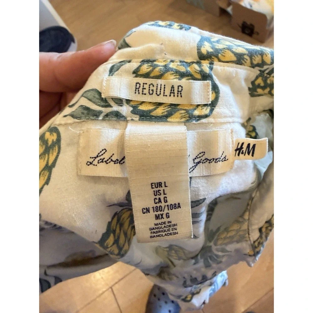 H&M LOGG Pineapple Shirt Mens Large Tropical Button Up Cotton Short Sleeve Summe - Picture 3 of 16